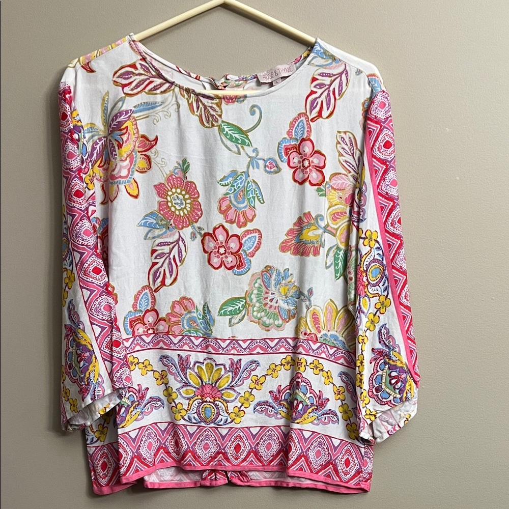 Rose & Thyme Colorful Flower Print Boho Blouse Size L